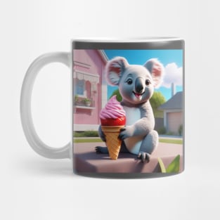 A Koala Bear Eating Strawberry Ice Cream Outside A House Made Of Strawberry Ice Cream Mug